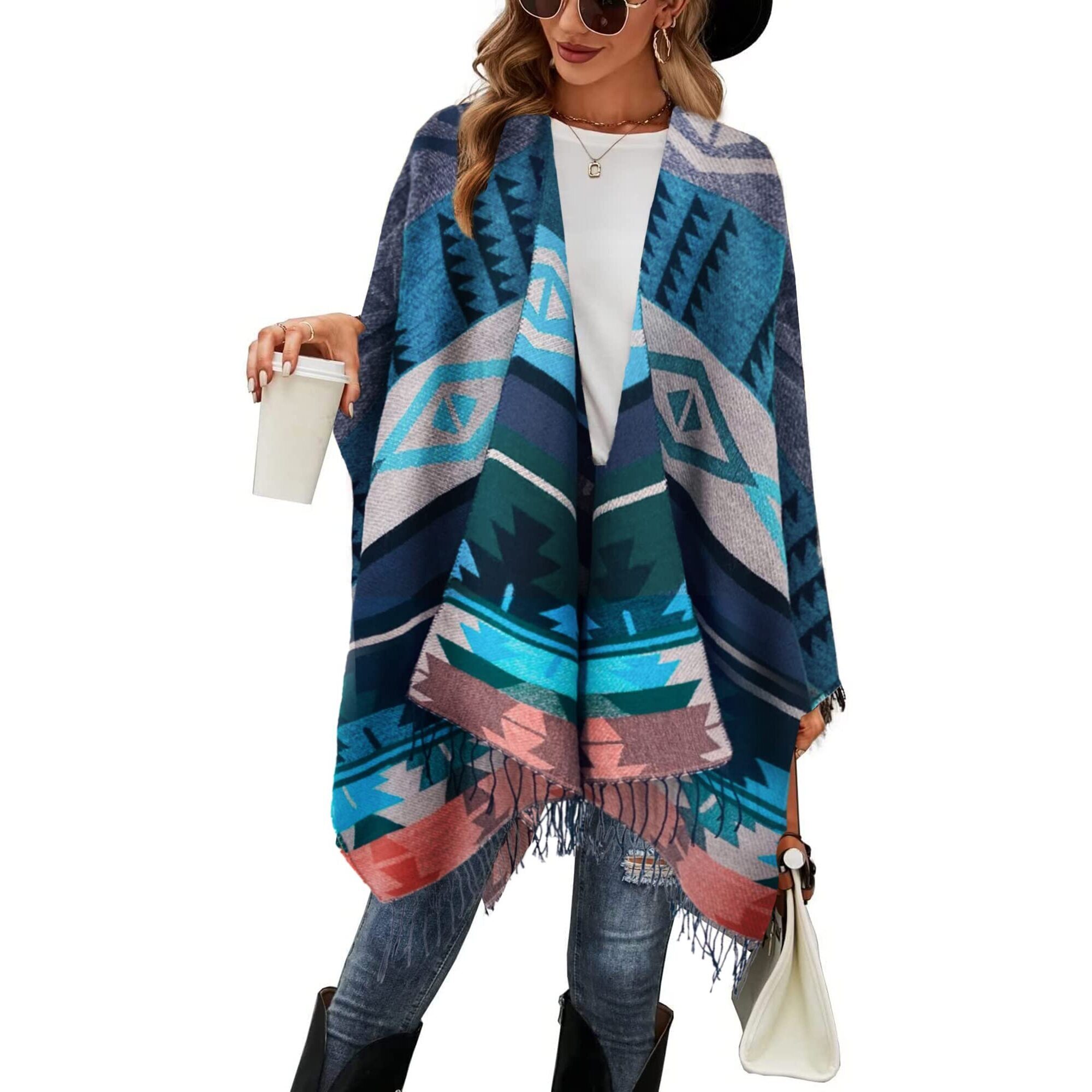9795 Women's Printed Tassel Open Front Poncho Cape Wrap
